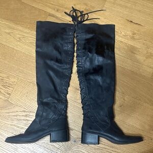 Black Lace-Up Over-the-Knee Women's Boots - Sleek Faux Leather